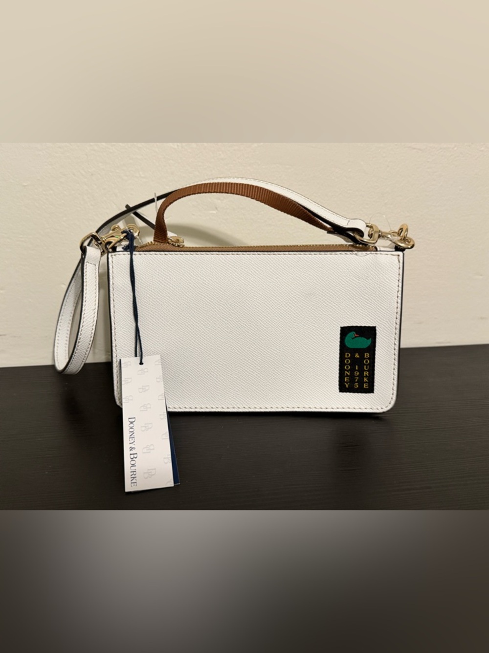 Dooney & Bourke White Pebble Leather Alpine Demi 20 with Tan Handle